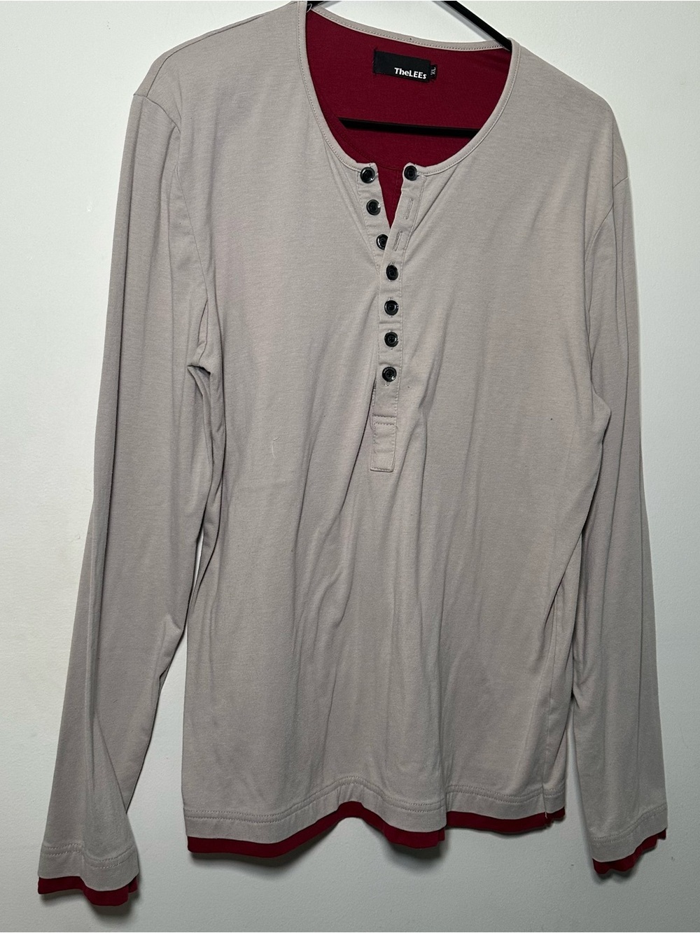 TheLEES XL Long Sleeve Henley Shirt Gray Red Layered Look 100% Cotton Men's - Picture 3 of 16